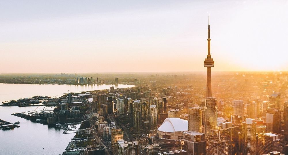 aerial view of downtown Toronto at sunset